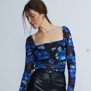 Long Sleeve Floral Ruched Mesh Top